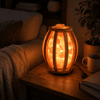 Drum-Shaped Wooden Salt Basket – styled in a home lifestyle setting, lit at evening