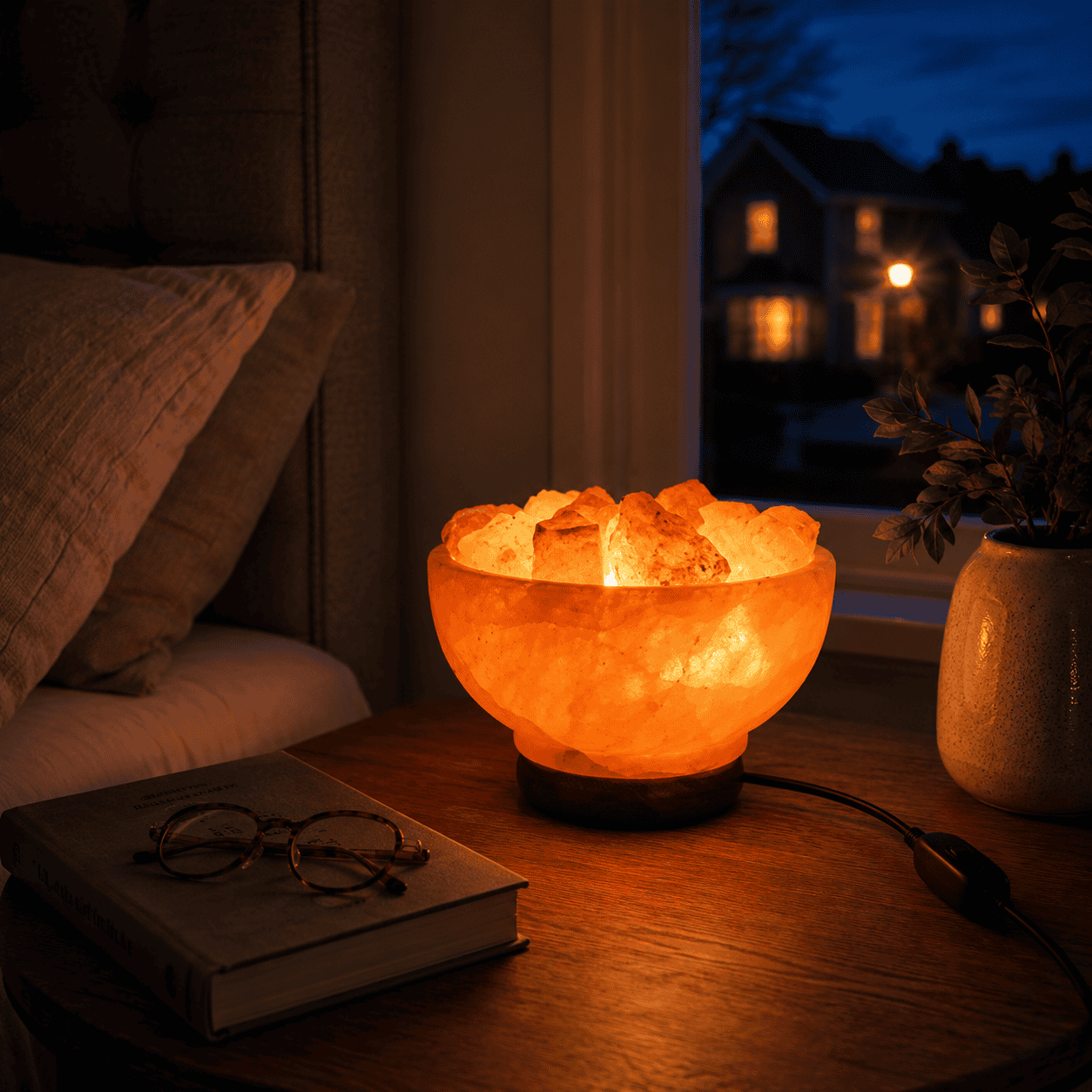 Salt Fire Bowl with Loose Chunks – styled in a home lifestyle setting, lit at evening