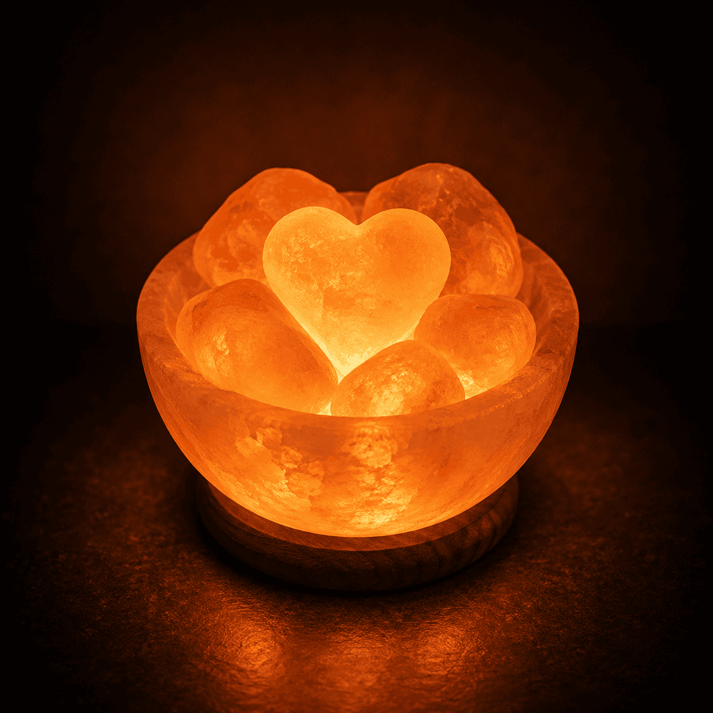 Salt Fire Bowl with 6 Heart Stones – studio photo lit against a dark background