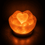 Salt Fire Bowl with 6 Heart Stones – studio photo lit against a dark background