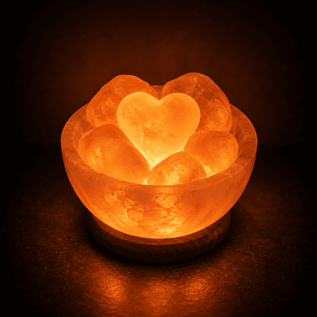 Salt Fire Bowl with 6 Heart Stones – studio photo lit against a dark background