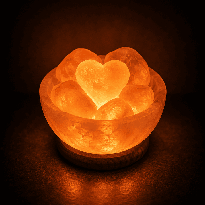 Salt Fire Bowl with 6 Heart Stones – studio photo lit against a dark background