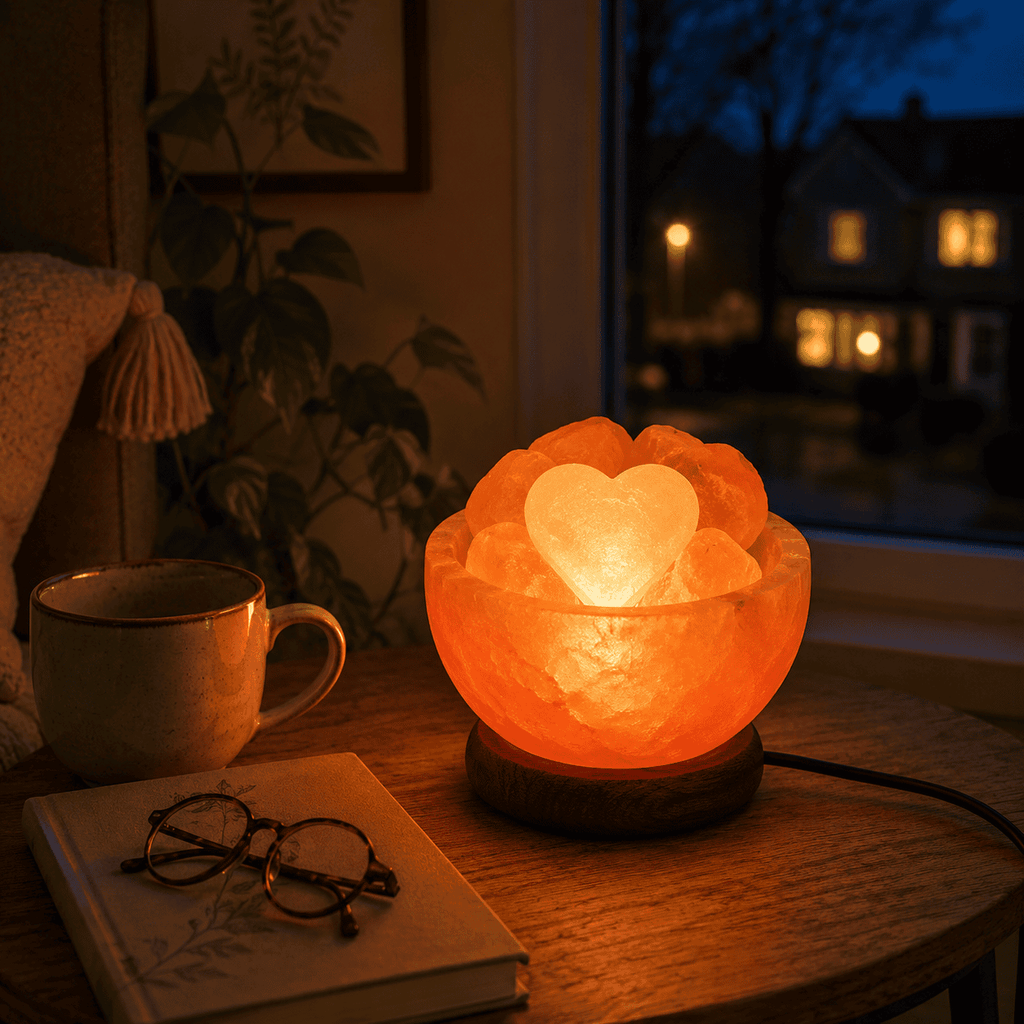 Salt Fire Bowl with 6 Heart Stones – styled in a home lifestyle setting, lit at evening