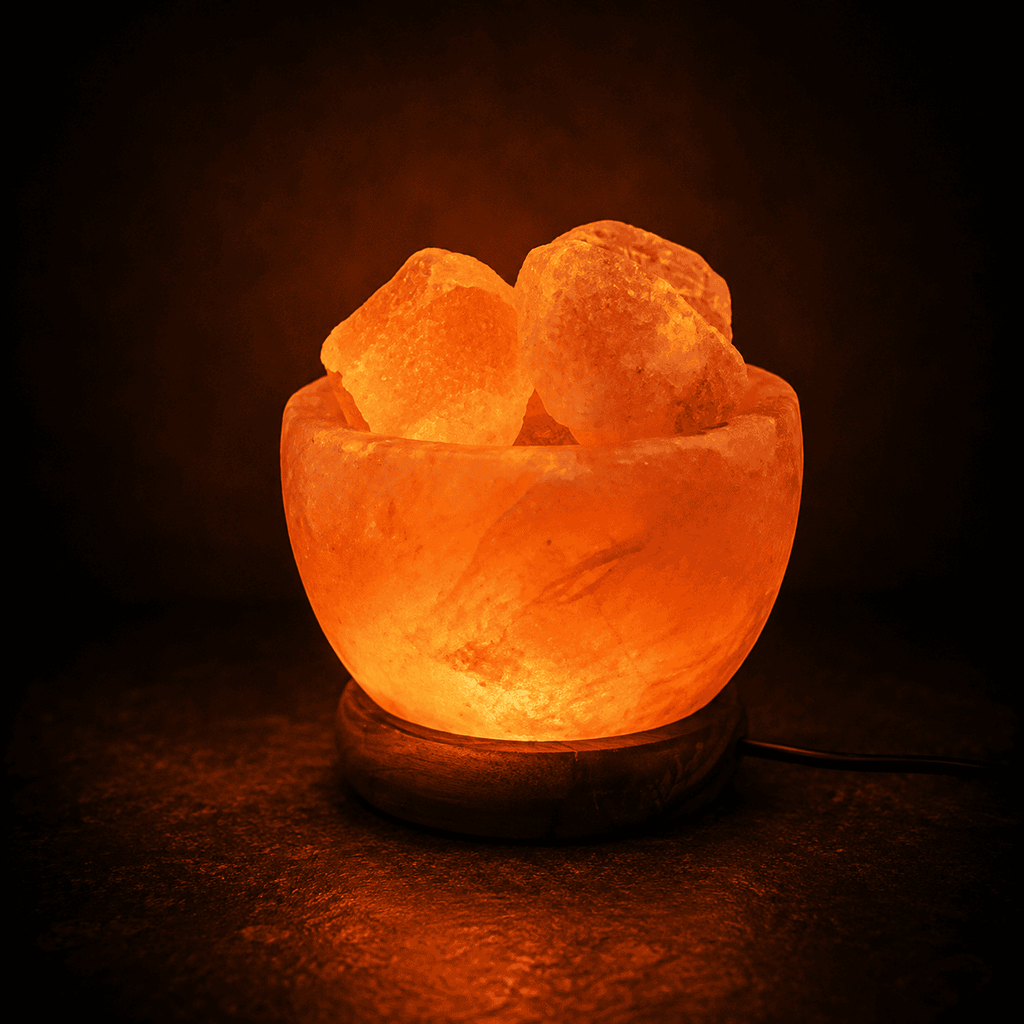 USB Salt Fire Bowl Lamp – studio photo lit against a dark background