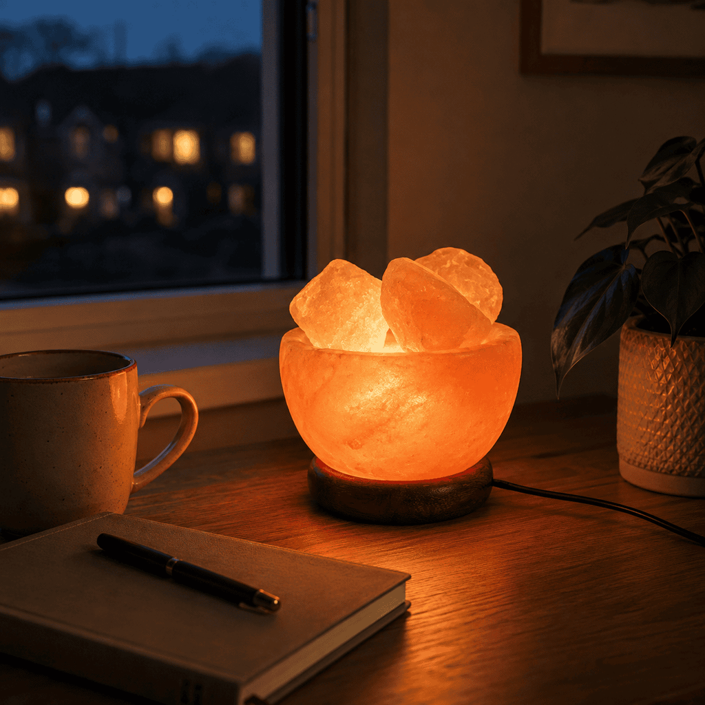 USB Salt Fire Bowl Lamp – styled in a home lifestyle setting, lit at evening