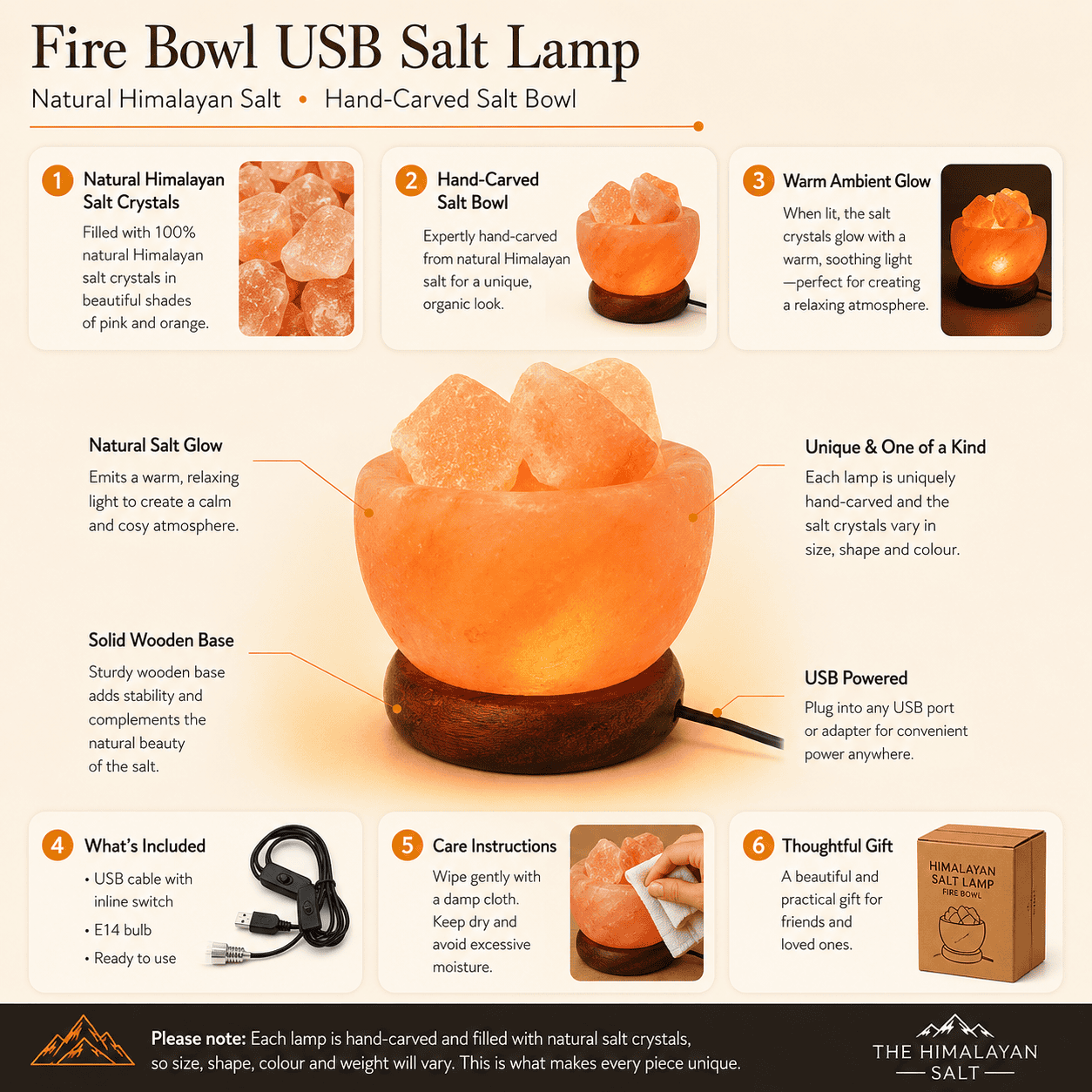 USB Salt Fire Bowl Lamp – infographic highlighting the product's key features