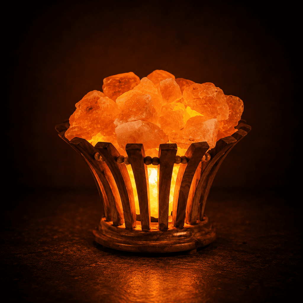 Flower-Cut Wooden Salt Basket – studio photo lit against a dark background