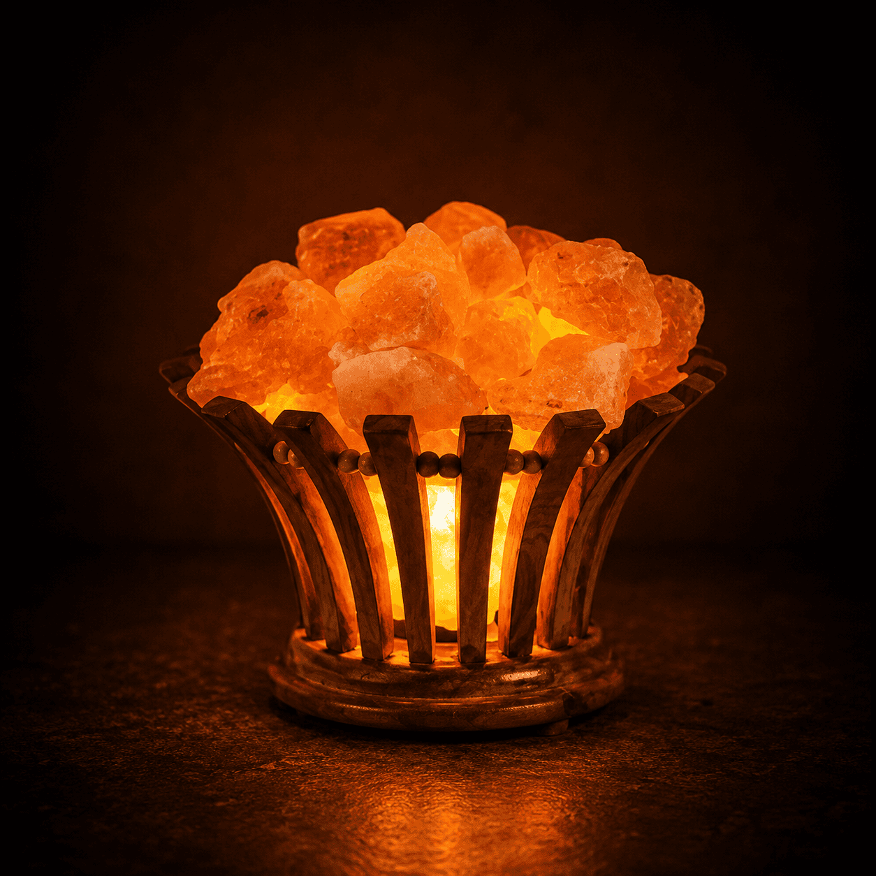 Flower-Cut Wooden Salt Basket – studio photo lit against a dark background