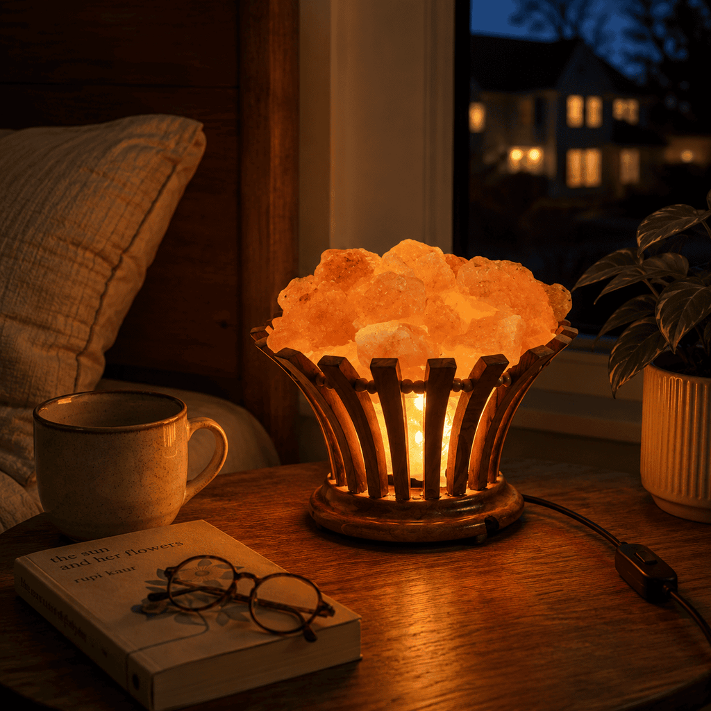Flower-Cut Wooden Salt Basket – styled in a home lifestyle setting, lit at evening