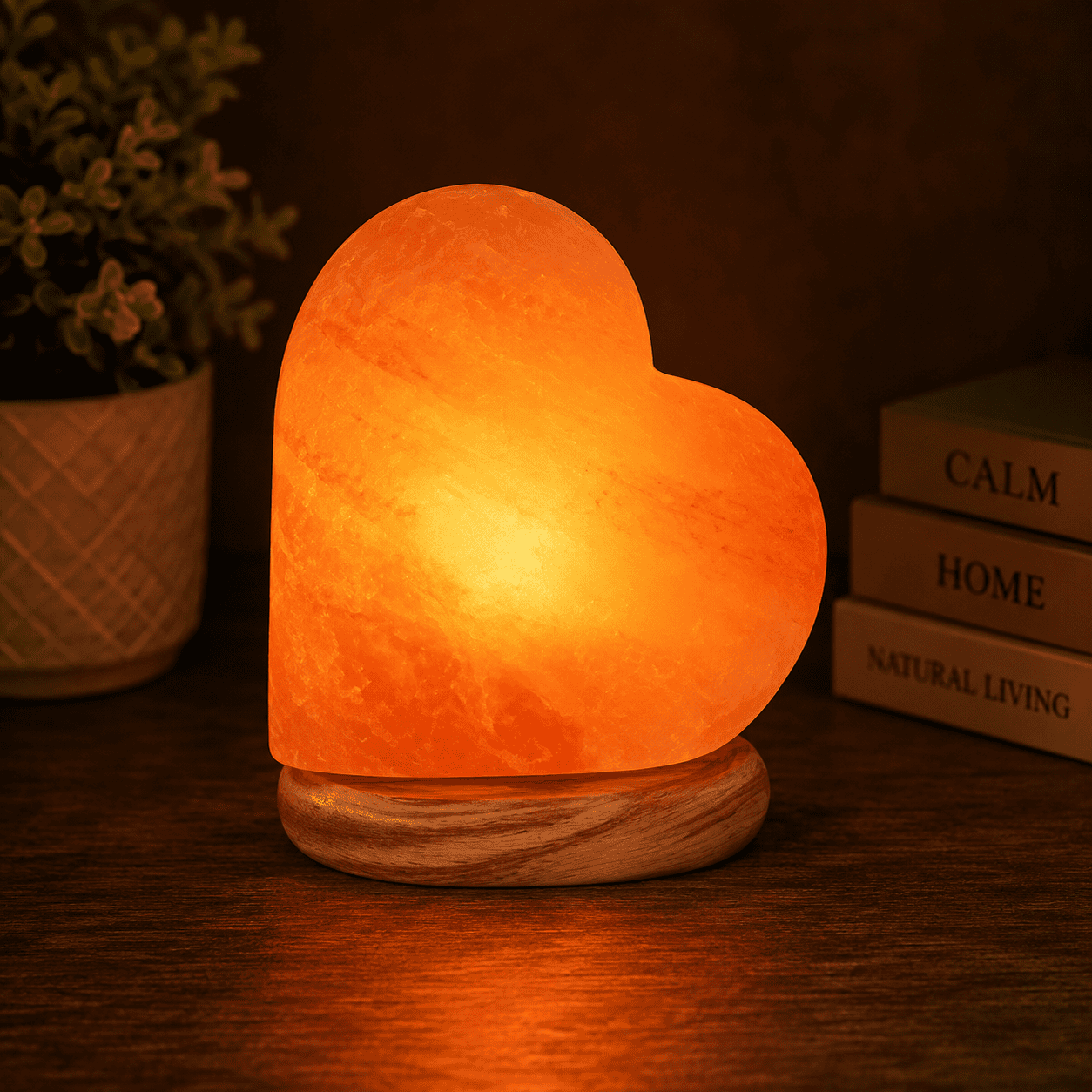 Heart-Carved Salt Lamp – studio photo lit against a dark background