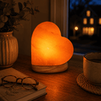 Heart-Carved Salt Lamp – styled in a home lifestyle setting, lit at evening