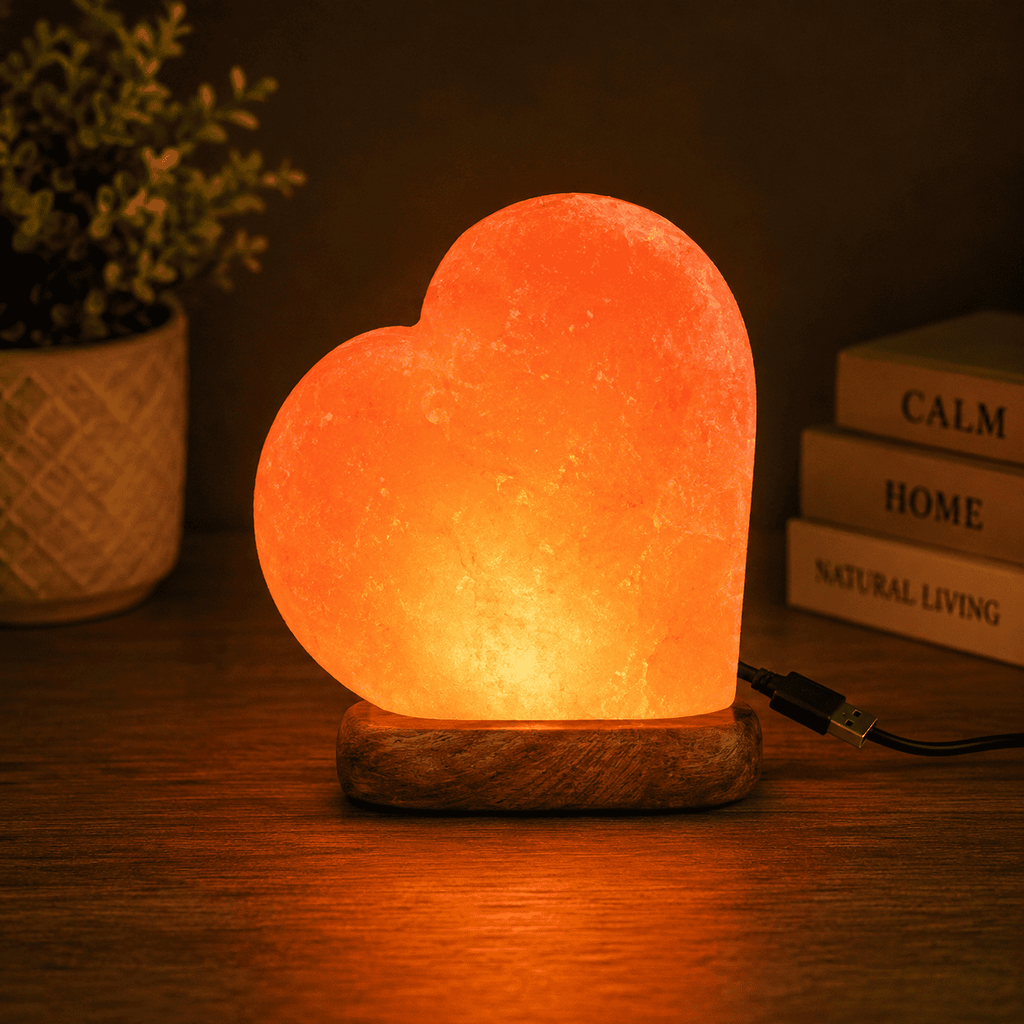 Heart-Cut USB Salt Lamp – studio photo lit against a dark background