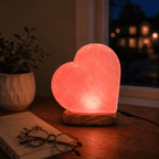Heart-Cut USB Salt Lamp – styled in a home lifestyle setting, lit at evening