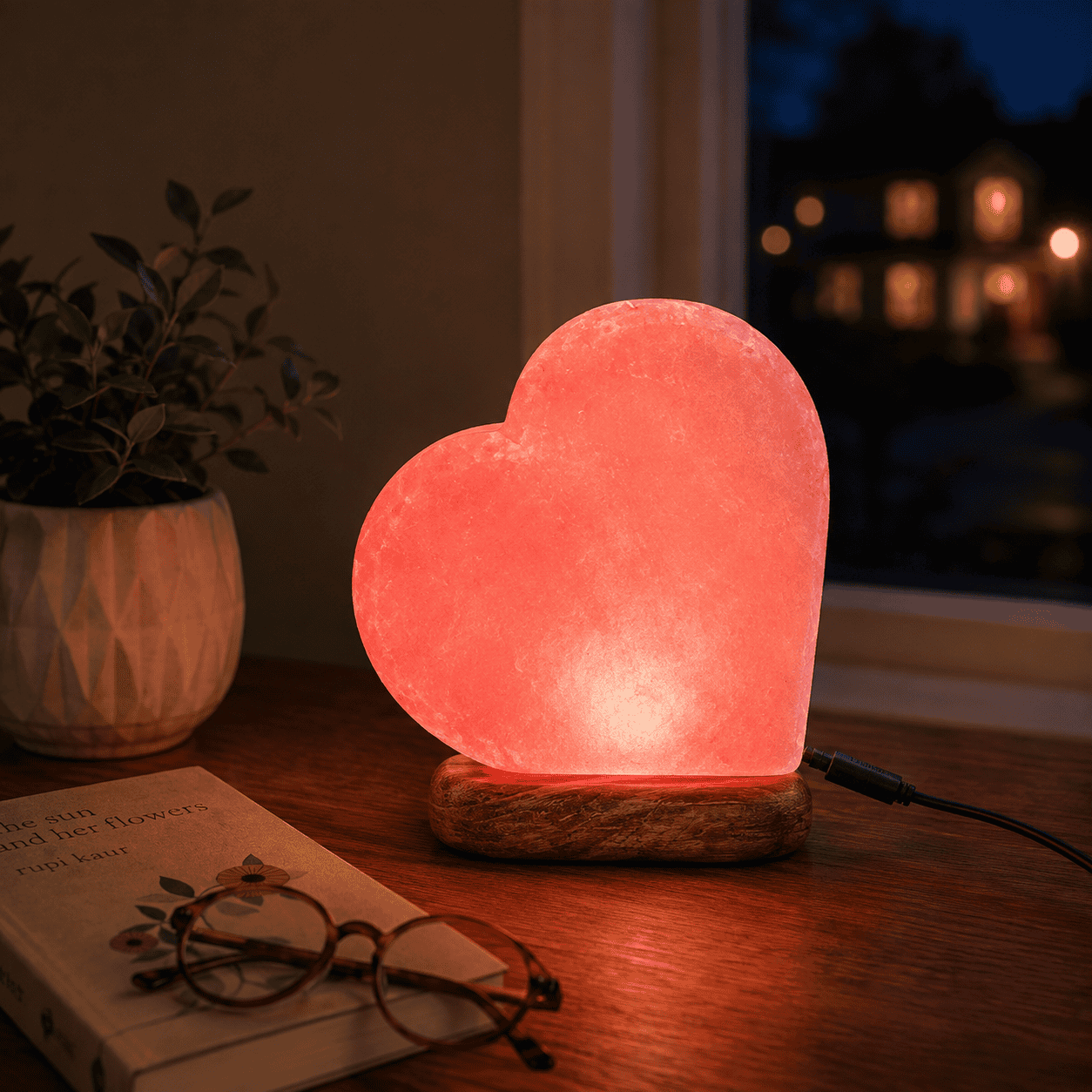 Heart-Cut USB Salt Lamp – styled in a home lifestyle setting, lit at evening