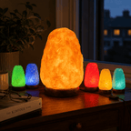 Colour-Changing USB Salt Lamp – styled in a home lifestyle setting, lit at evening