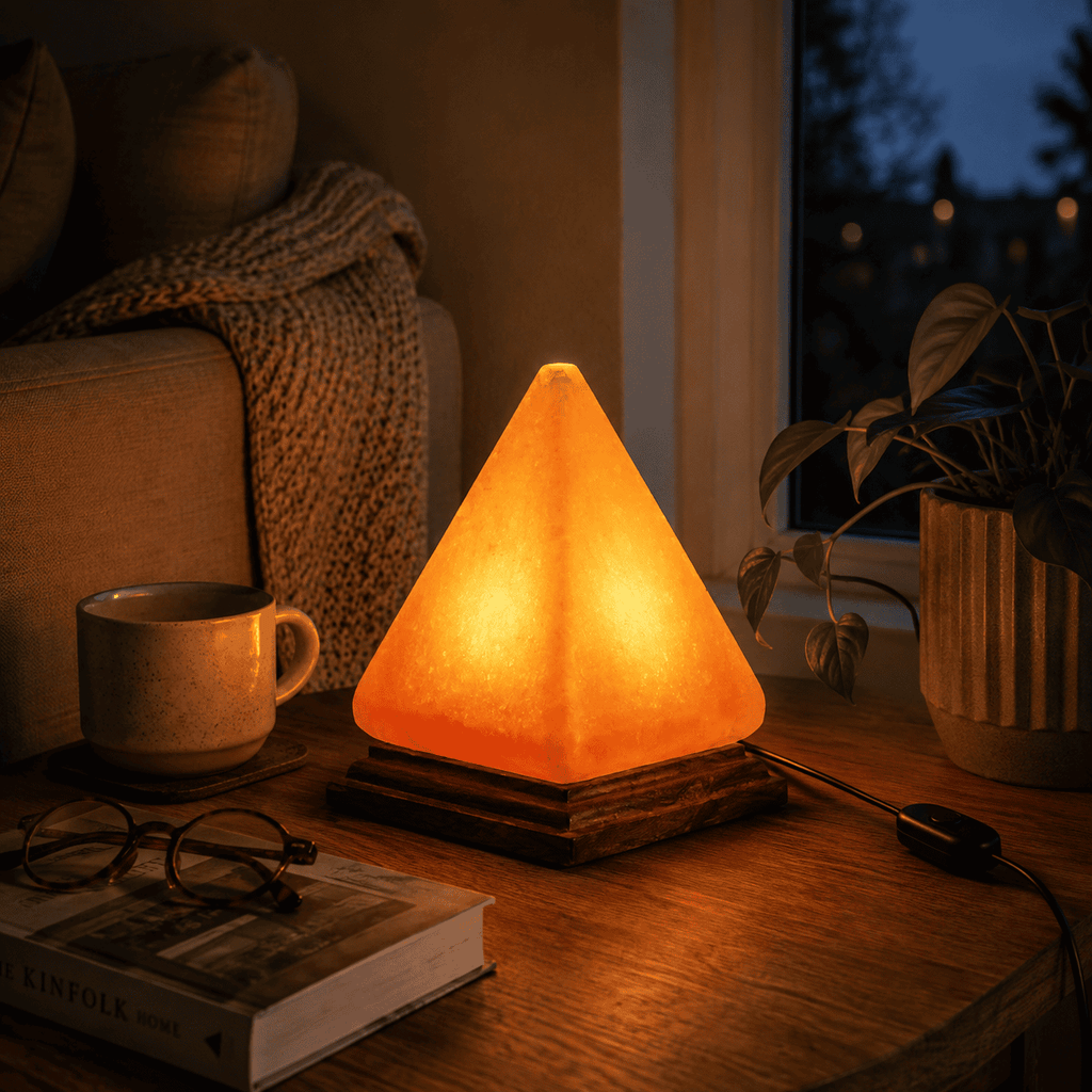Pyramid-Cut USB Salt Lamp – styled in a home lifestyle setting, lit at evening