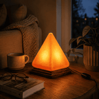 Pyramid-Cut USB Salt Lamp – styled in a home lifestyle setting, lit at evening