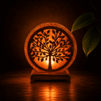 Tree-Carved Wooden Salt Lamp – studio photo lit against a dark background