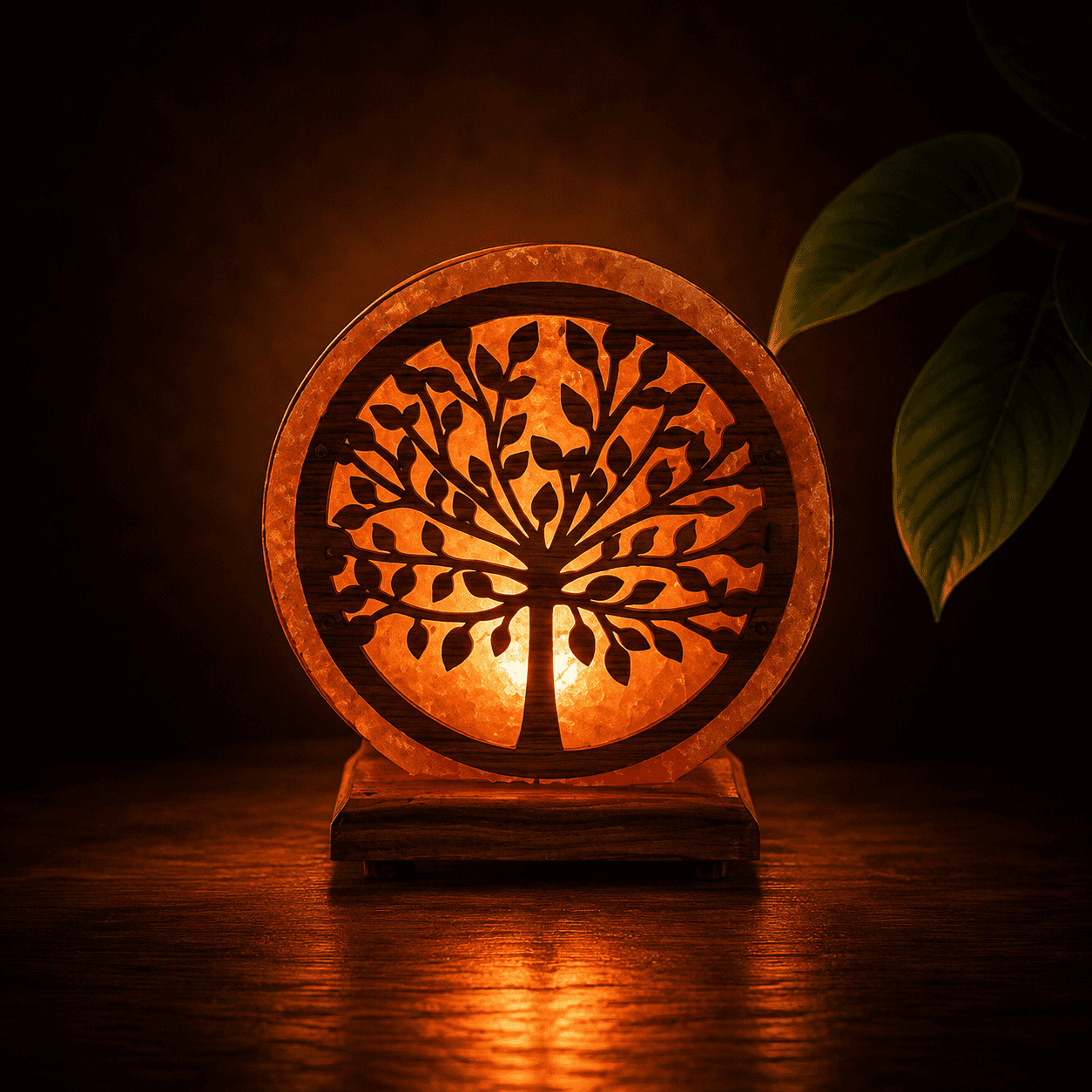 Tree-Carved Wooden Salt Lamp – studio photo lit against a dark background
