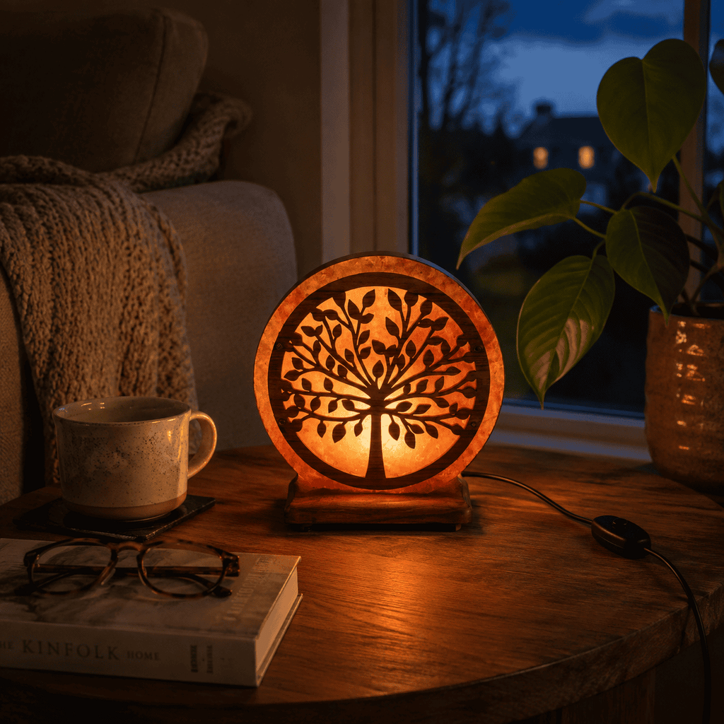 Tree-Carved Wooden Salt Lamp – styled in a home lifestyle setting, lit at evening