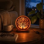 Tree-Carved Wooden Salt Lamp – styled in a home lifestyle setting, lit at evening