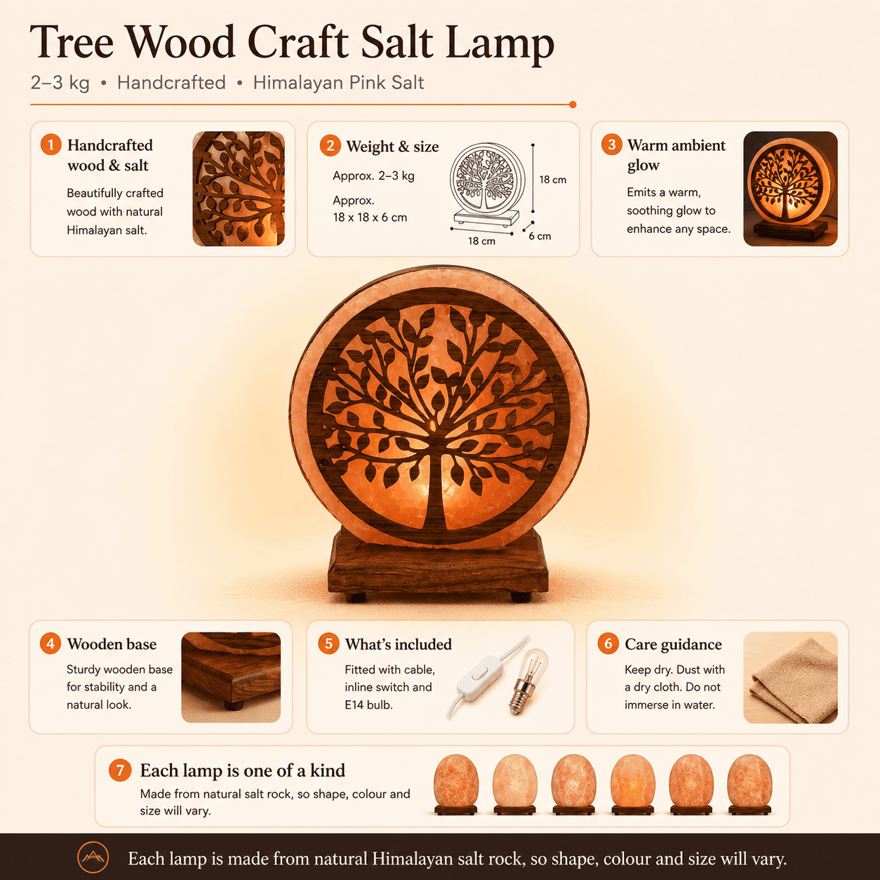 Tree-Carved Wooden Salt Lamp – infographic highlighting the product's key features