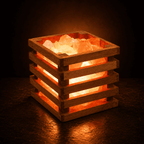 Salt Chunks in Square Wooden Tray – studio photo lit against a dark background