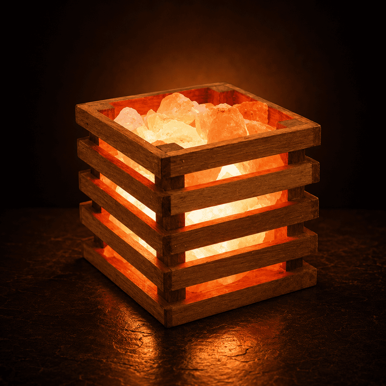 Salt Chunks in Square Wooden Tray – studio photo lit against a dark background