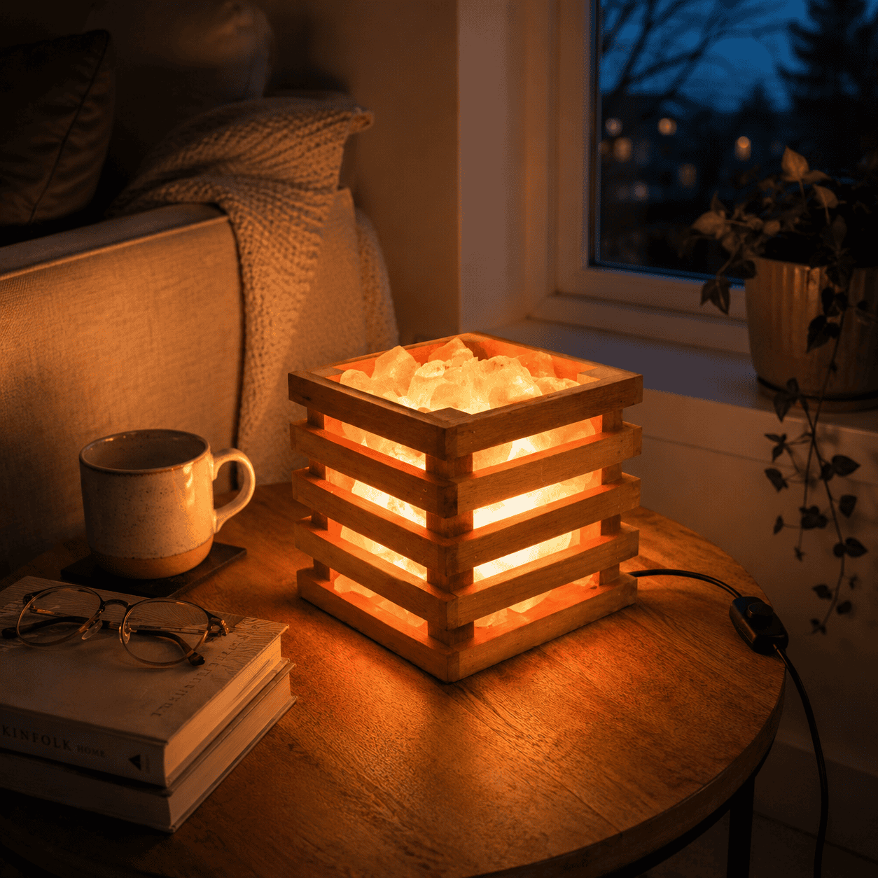 Salt Chunks in Square Wooden Tray – styled in a home lifestyle setting, lit at evening