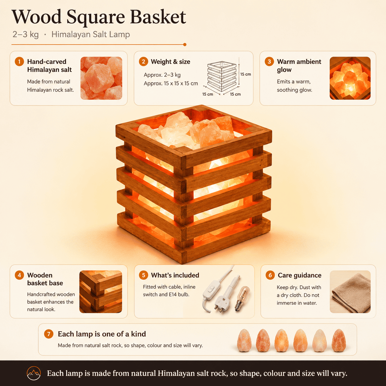 Salt Chunks in Square Wooden Tray – infographic highlighting the product's key features