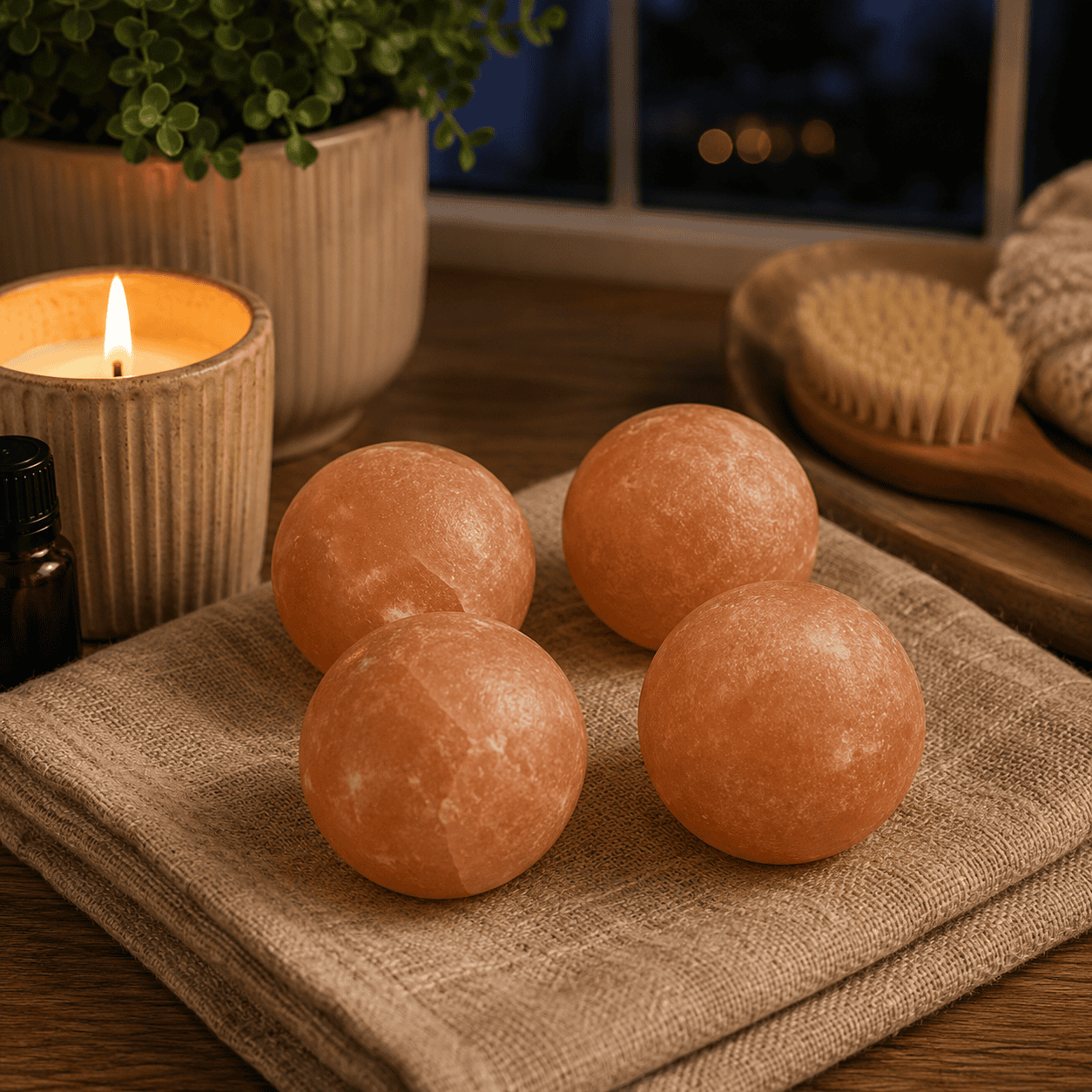 Salt Massage Ball Set, Pack of 4 – styled in a home lifestyle setting, lit at evening