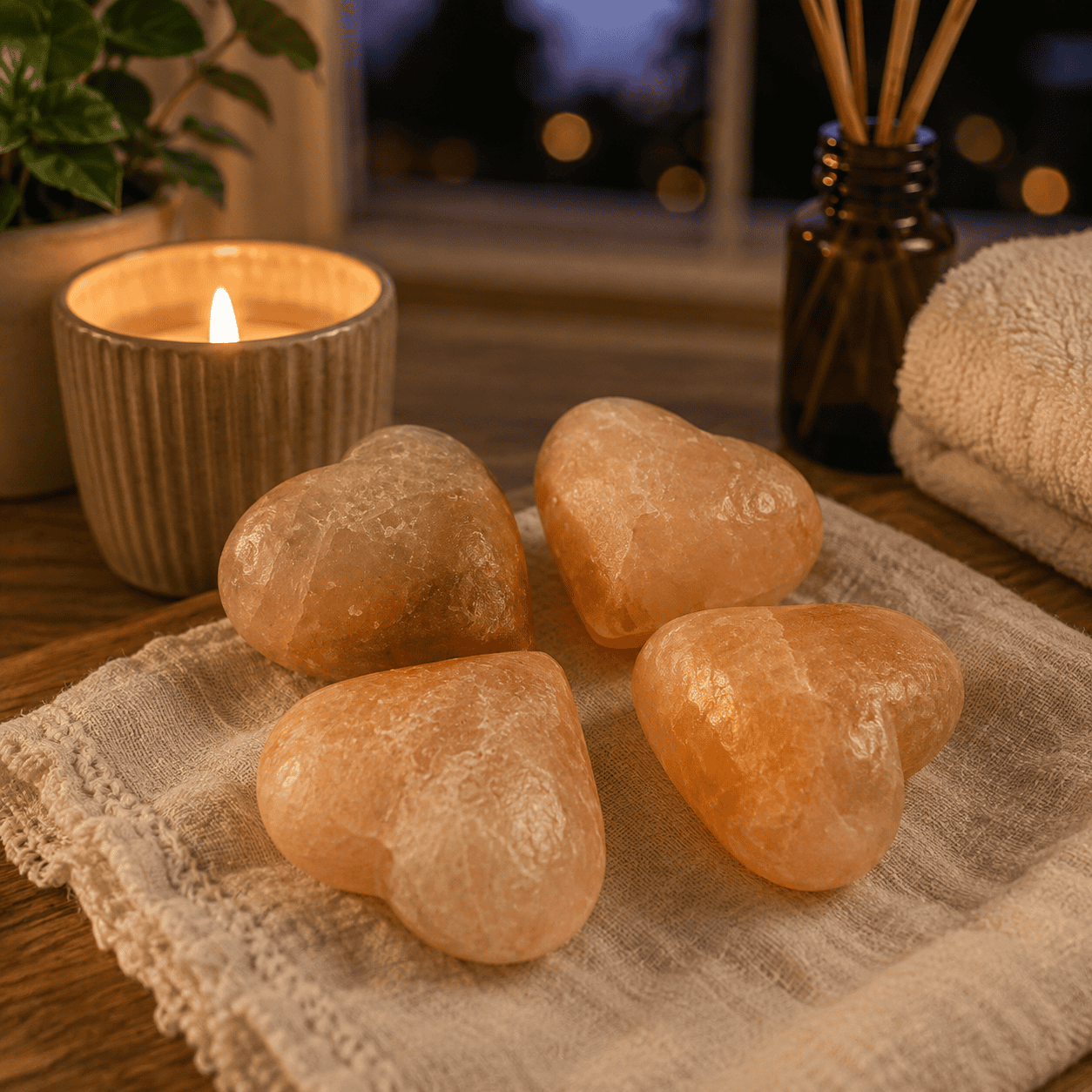 Heart-Shaped Salt Massage Stones, Set of 4 – styled in a home lifestyle setting, lit at evening