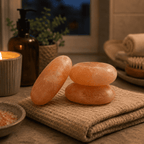 Oval Salt Massage Stones, Set of 2 – styled in a home lifestyle setting, lit at evening