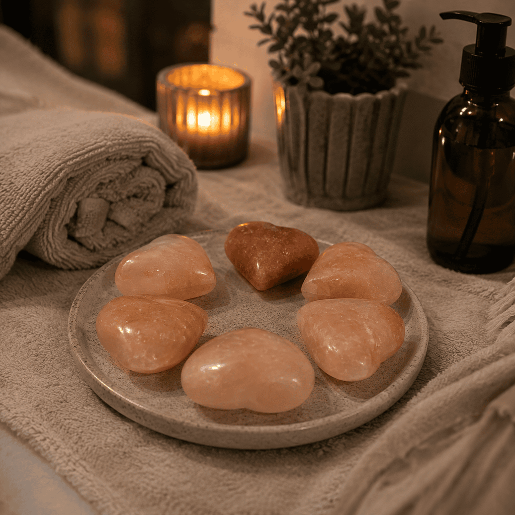 Salt Massage Stone Set, Pack of 6 – styled in a home lifestyle setting, lit at evening