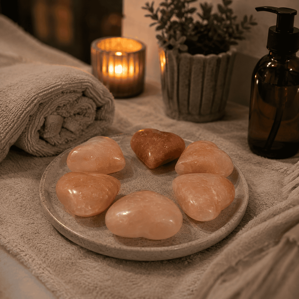 Salt Massage Stone Set, Pack of 6 – styled in a home lifestyle setting, lit at evening