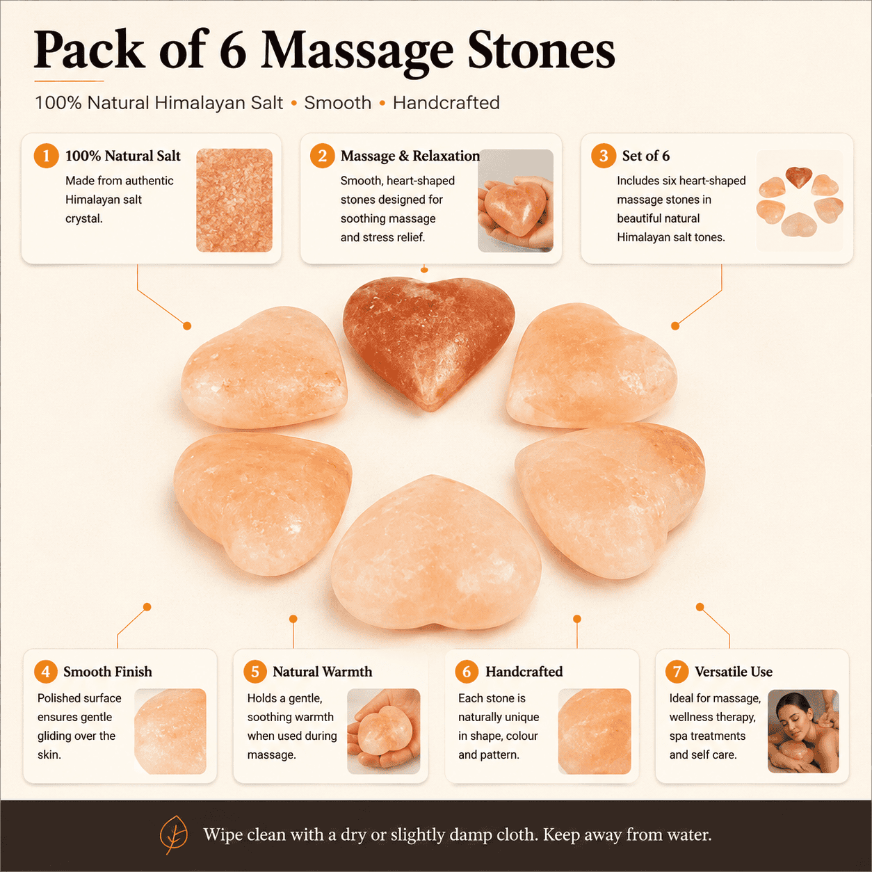 Salt Massage Stone Set, Pack of 6 – infographic highlighting the product's key features