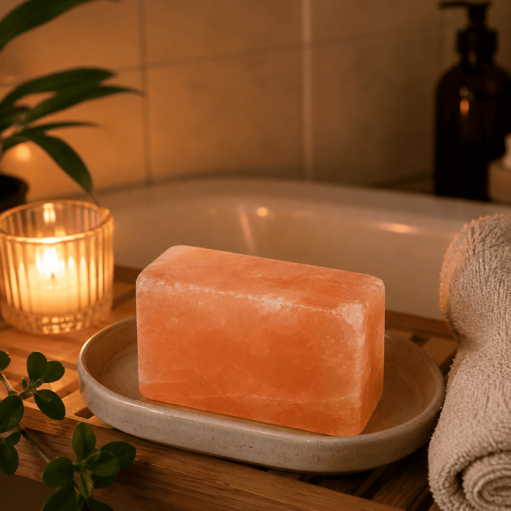 Pink Salt Soap Bars, Set of 2 – styled in a home lifestyle setting, lit at evening