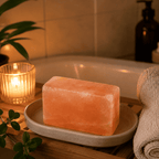 Pink Salt Soap Bars, Set of 2 – styled in a home lifestyle setting, lit at evening