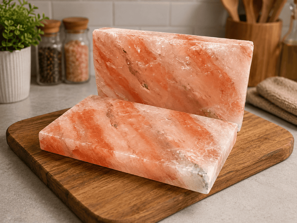Himalayan Salt Tiles, Pack of 2 – styled in a home lifestyle setting, lit at evening