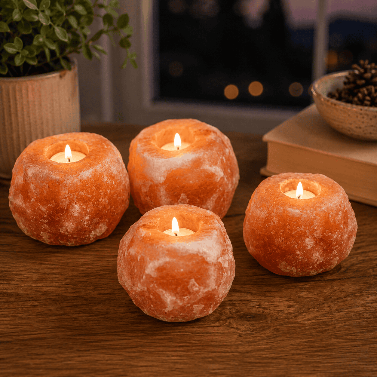 Pink Salt Tealight Holders, Set of 4 – styled in a home lifestyle setting, lit at evening