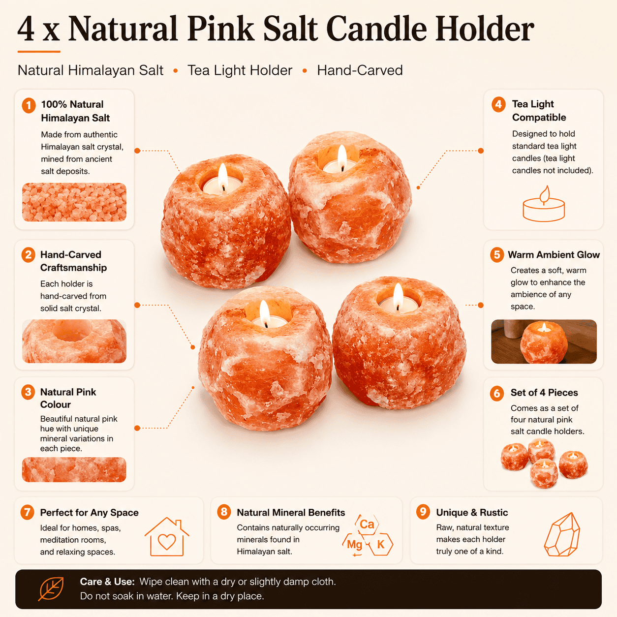 Pink Salt Tealight Holders, Set of 4 – infographic highlighting the product's key features