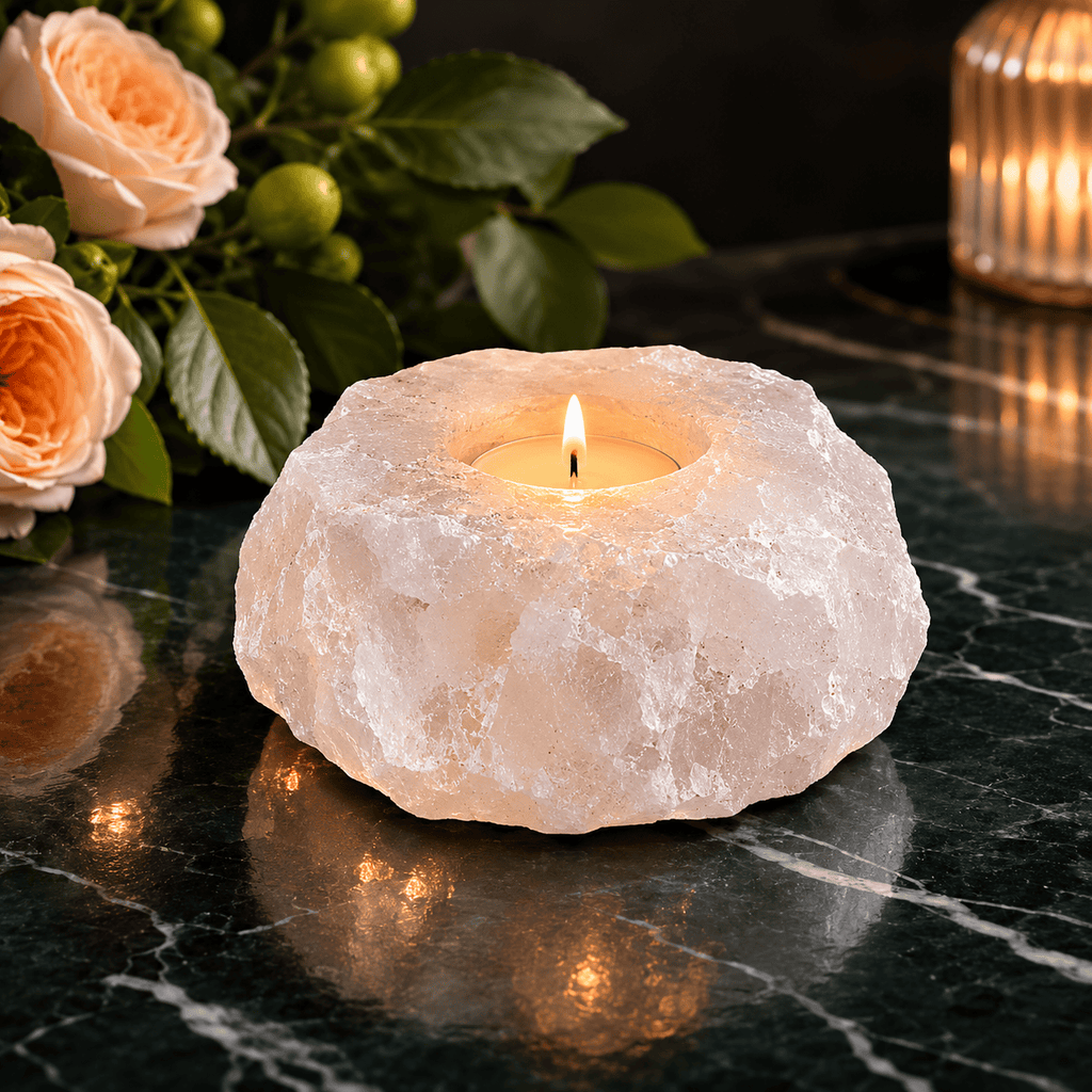 Pale Crystal Salt Tealight Holders, Set of 2 – studio photo lit against a dark background (alternate angle)