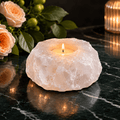 Pale Crystal Salt Tealight Holders, Set of 2 – studio photo lit against a dark background (alternate angle)