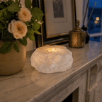 Pale Crystal Salt Tealight Holders, Set of 2 – styled in a home lifestyle setting, lit at evening