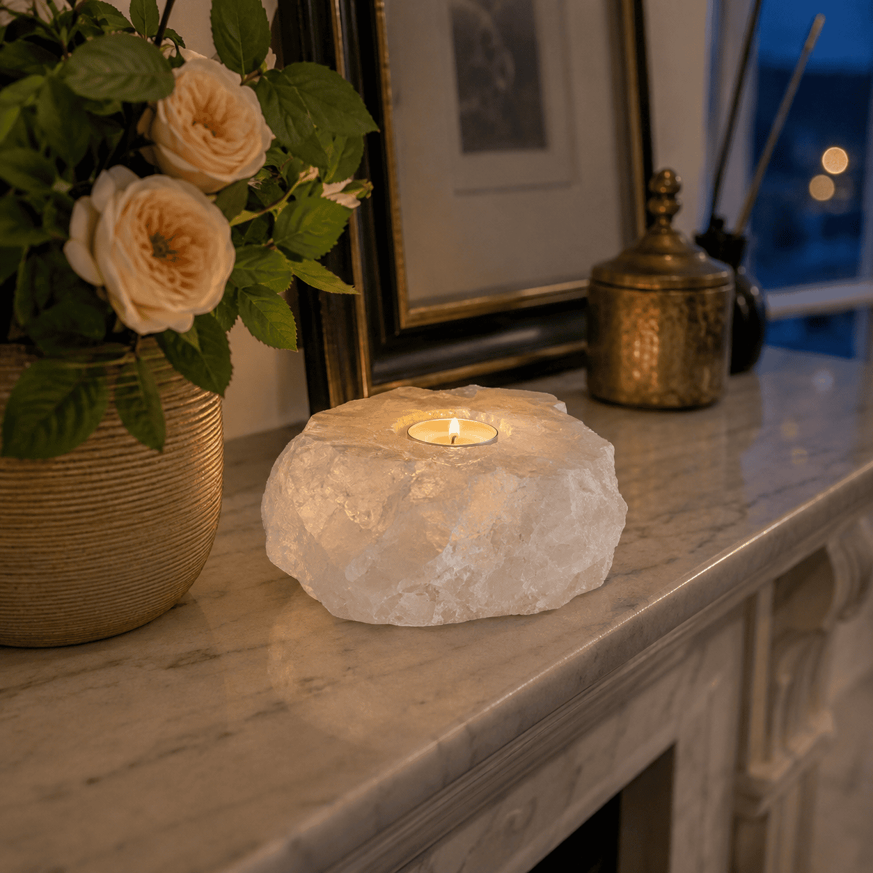 Pale Crystal Salt Tealight Holders, Set of 2 – styled in a home lifestyle setting, lit at evening