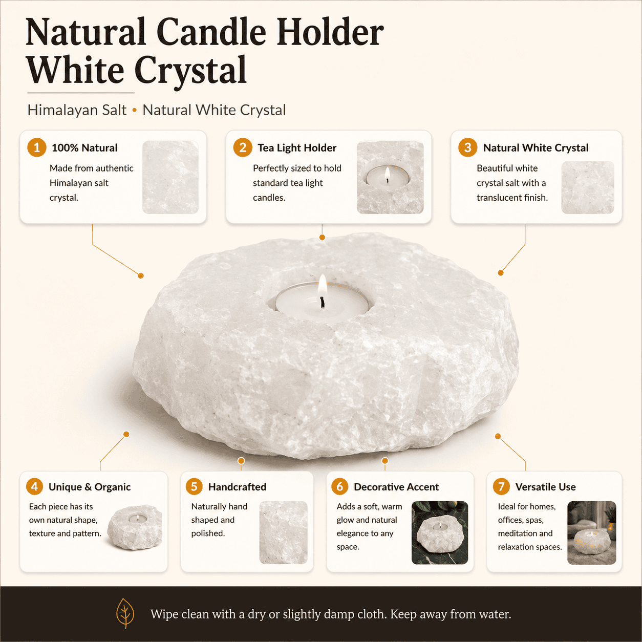 Pale Crystal Salt Tealight Holders, Set of 2 – infographic highlighting the product's key features