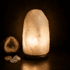 Pale Himalayan Salt Lamp, 4-6kg – studio photo lit against a dark background