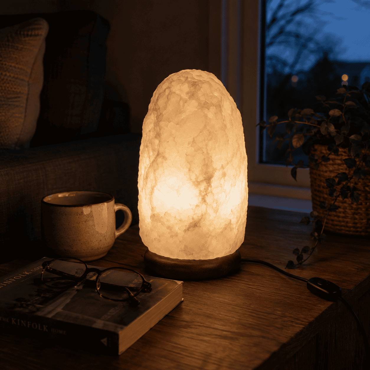 Pale Himalayan Salt Lamp, 4-6kg – styled in a home lifestyle setting, lit at evening