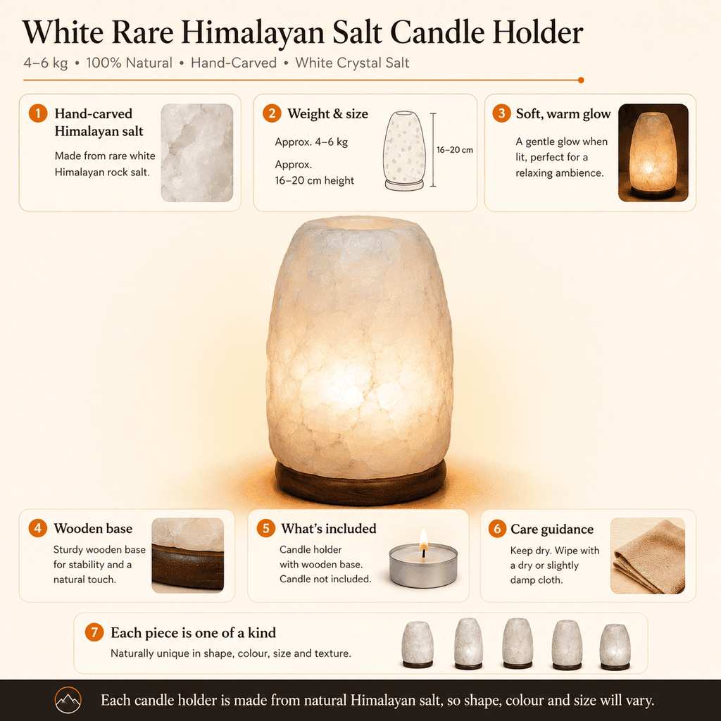 Pale Himalayan Salt Lamp, 4-6kg – infographic highlighting the product's key features
