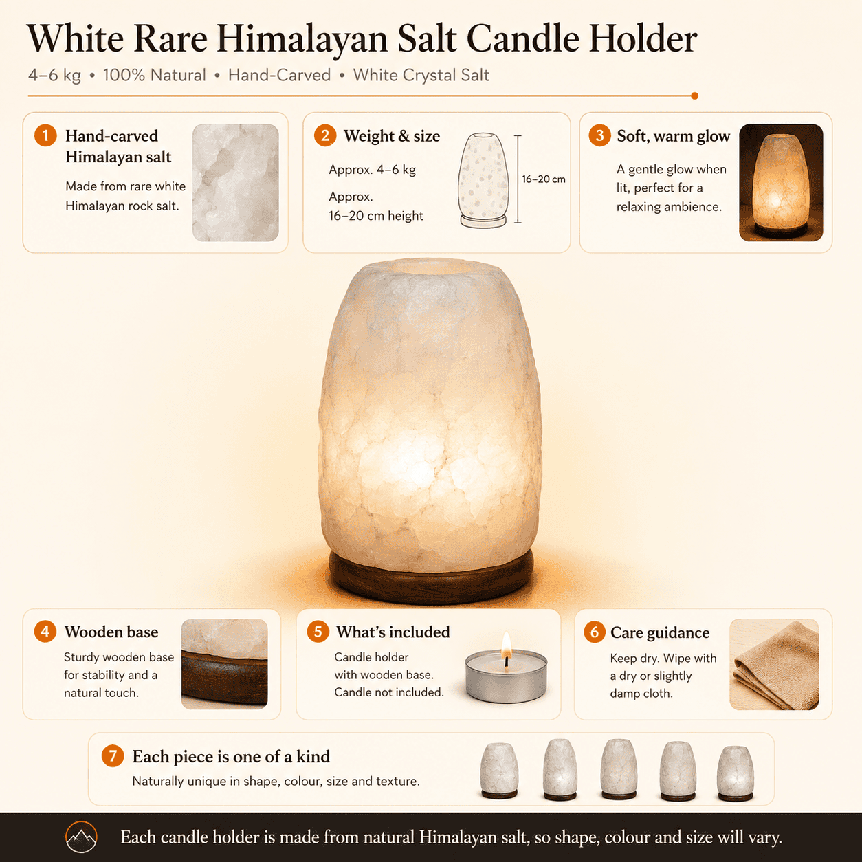 Pale Himalayan Salt Lamp, 4-6kg – infographic highlighting the product's key features